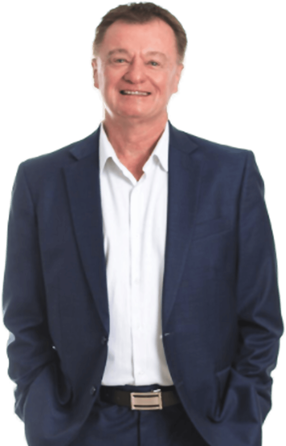 Bob Andersen, Property Mastermind property development mentor, in a navy suit with his hands in his pockets