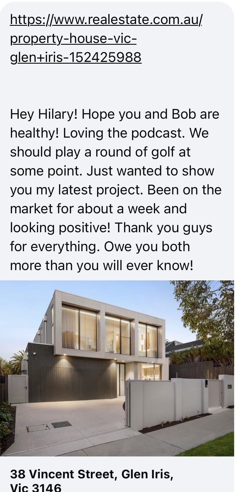 A thank-you message to Hilary and Bob from a Property Mastermind graduate, with their latest completed project in Glen Iris