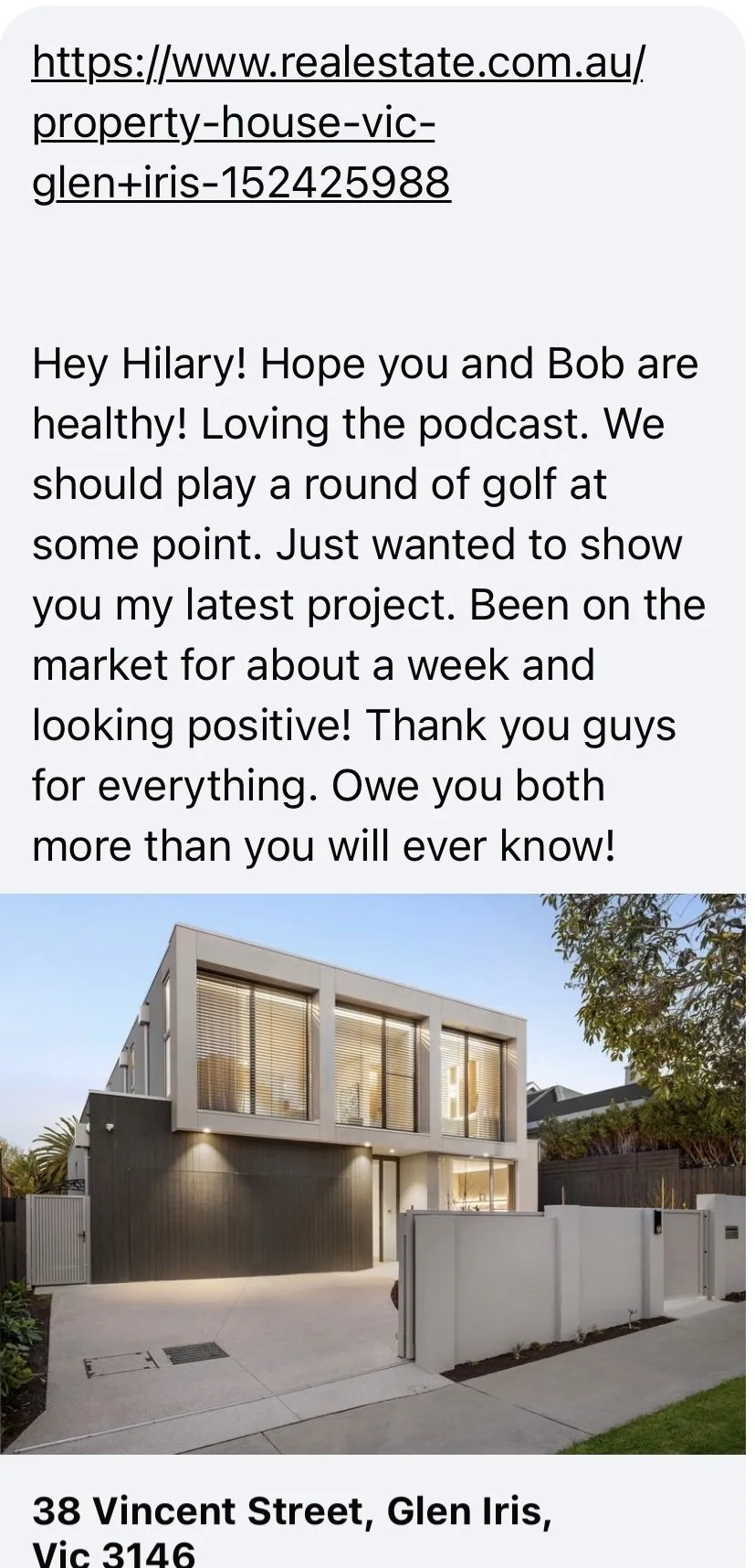 A thank-you message to Hilary and Bob from a Property Mastermind graduate, with their latest completed project in Glen Iris